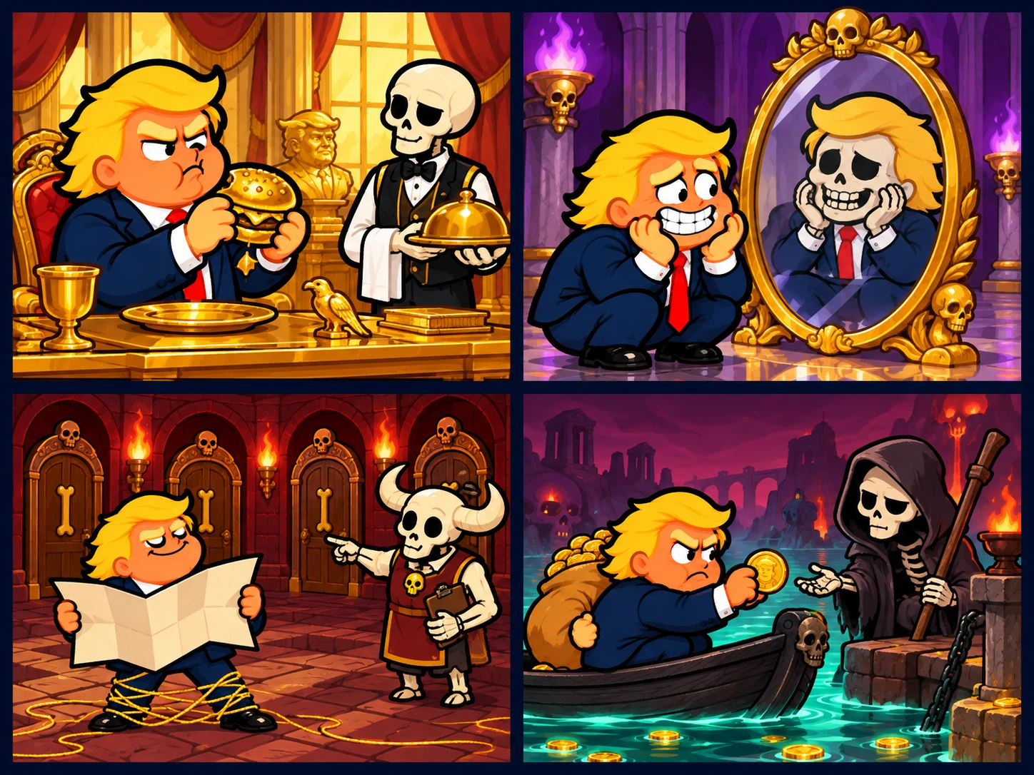 Approved gold burger, skeleton mirror, tangled labyrinth and ferryman illustrations